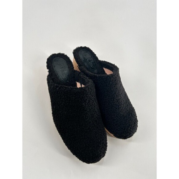 J. Crew Women's Size 9 Black Sherpa Heeled Clogs Wooden Sole Heel Boho Sherpa - Picture 4 of 13